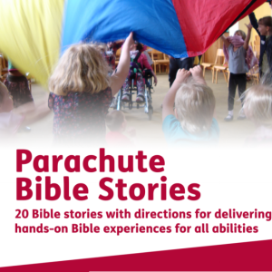 The Cover of the Parachute Bible Stories book, featuring a crowd of people under a waving parachute