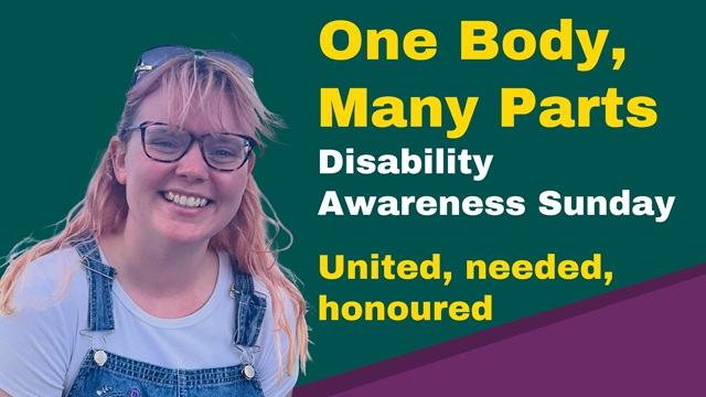 A smiling person wearing glasses stands next to text promoting Disability Awareness Sunday with the phrase One Body, Many Parts.