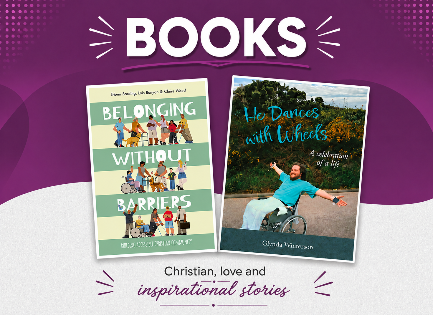 Two inspirational book covers are displayed on a purple background with the text Christian, love and inspirational stories.