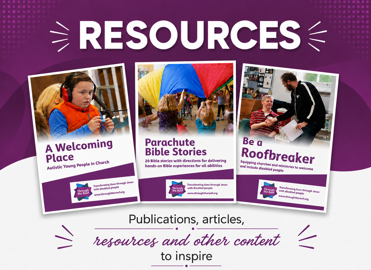 Three flyers and text promote church resources designed for inclusion of autistic and disabled people.